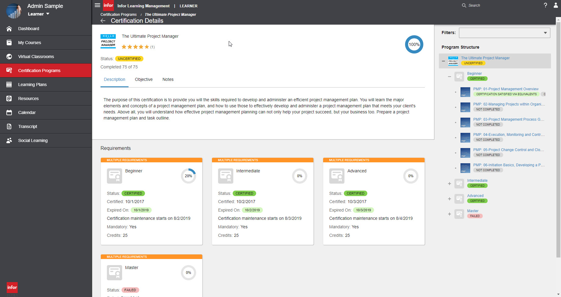 screenshot of Infor Learning Management System (LMS)